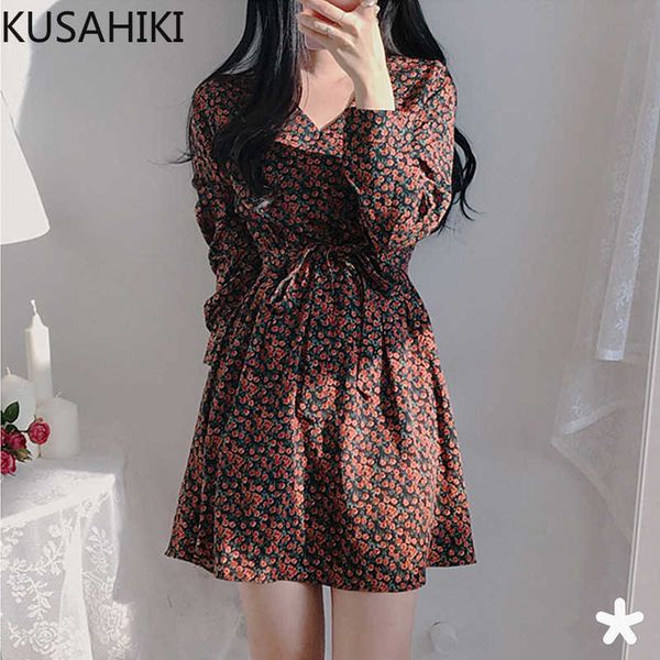 

kusahiki spring floral chiffon dress elegant v-neck puff sleeve women dresses korean sashes slim waist vestidos 6e686 210602, Black;gray