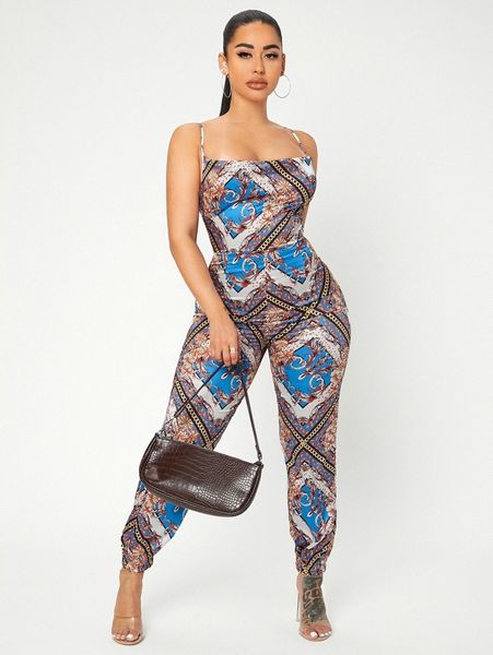 

sxy chain & baroque print satin cami jumpsuit j5uv#, White