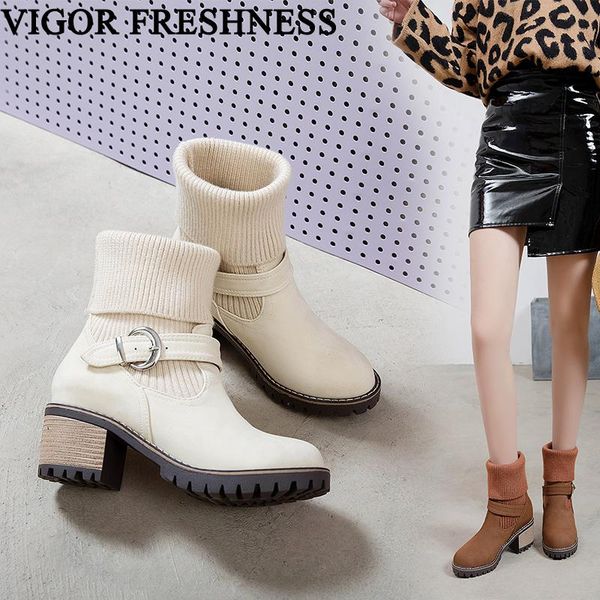 

boots vigor freshness winter women shoes sock 6cm heels woman autumn ladies ankle motocycle warm my342, Black