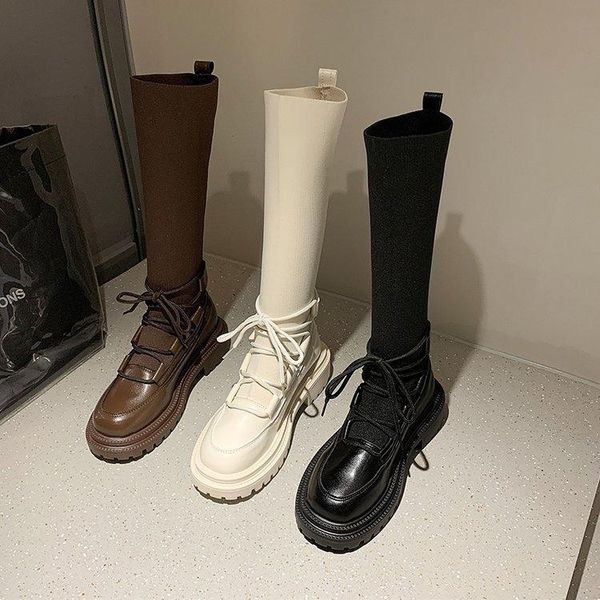 

boots flat platform lace up thigh high heels female shoes round toe boots-women clogs lolita over-the-knee ladies, Black