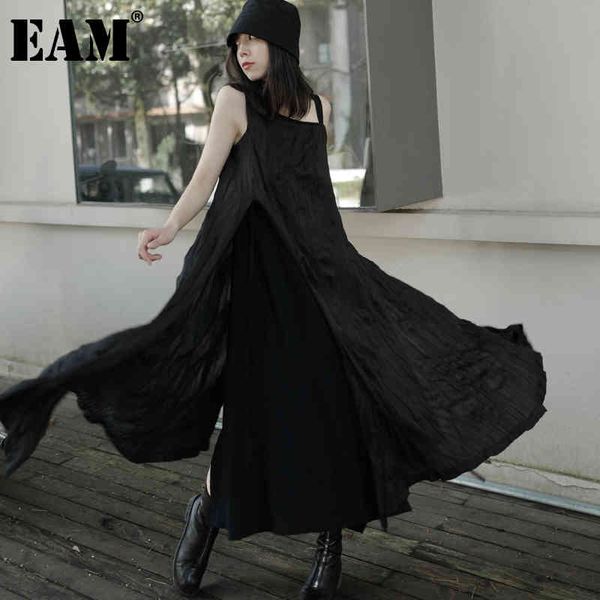

[eam] women black irregular wrinkled long spaghetti strap dress sleeveless loose fit fashion spring summer 1dd7031 21512, Black;gray