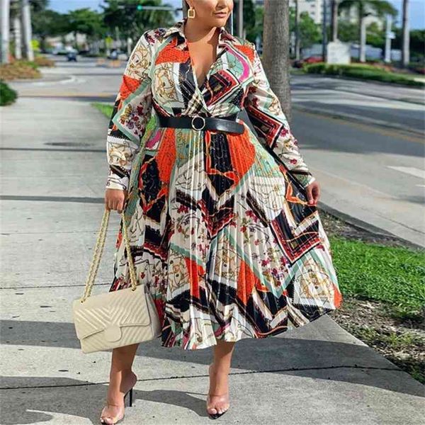 

autumn fashion long sleeve print women dress pleated high waist deep v neck elegant for work business robe vestidos midi 210510, Black;gray