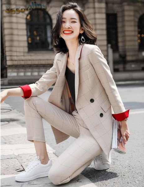 

formal plaid ladies office pantsuits uniform design with pants and jackets coat professional female career business blazers set women's, White