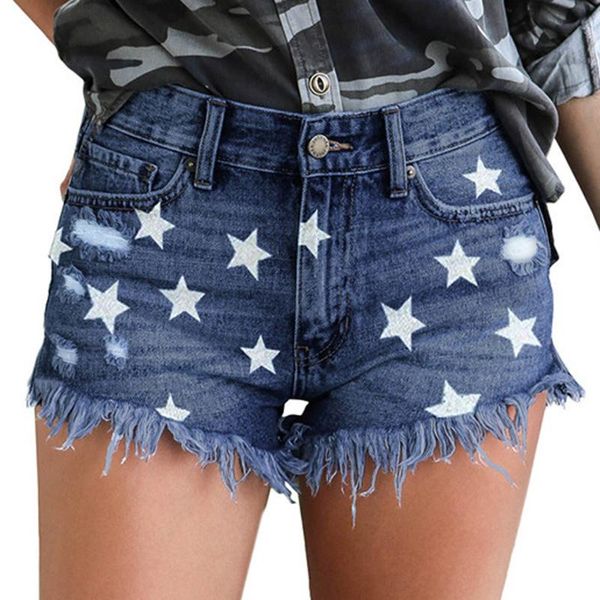 

women's shorts est pentagram print pure color hole denim summer fashion beggars low waist jeans without belt, White;black