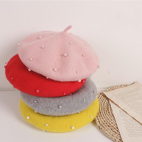 

korean fashion baby beret princess lovely pearl girls caps kids berets beanies hats spring autumn winter painter &, Yellow