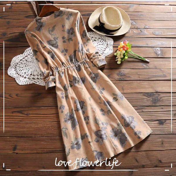 

spring autumn women dress casual elegant floral printed corduroy dress vestidos female long sleeve vintage dresses 210521, Black;gray