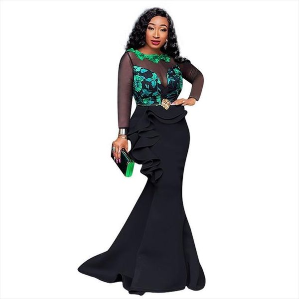 

spring style o neck women dresses mesh spliced print maxi evening party ruffles design fashion mermaid long, Black;gray