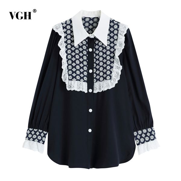 

vgh vintage patchwork lace ruffle shirt for women lapel long sleeve casual printed blouse female fashion new clothing tide 210421, White