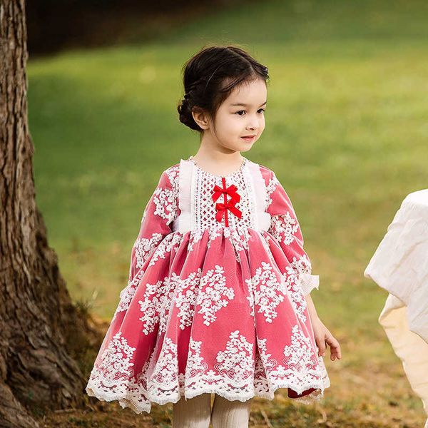 Crianças espanhol rosa lotia vestidos de manga longa para meninas roupas boutique crianças espanha vestidos de bola de algodão bebê batismo bebê 210615