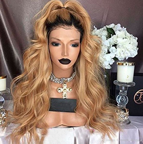 

brazilian virgin hair bleached knotted honey blond lace front wig glue human hair gradient black roots, Black;brown