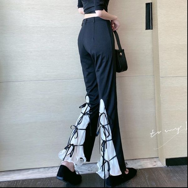 

womens capri zosol style design sense bell bottom pants chiffon stitching strap high waist casual all match trousers for women, Black;white
