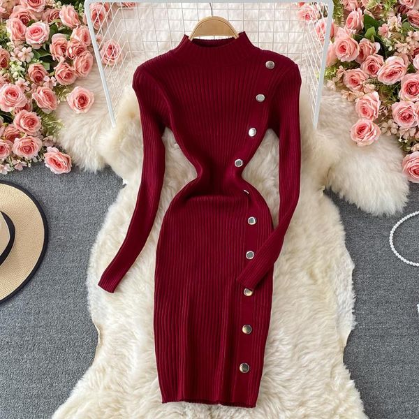

casual dresses autumn and winter 2021 korean version single breasted buttock bottomed wool dress half high neck elastic tight knit, Black;gray