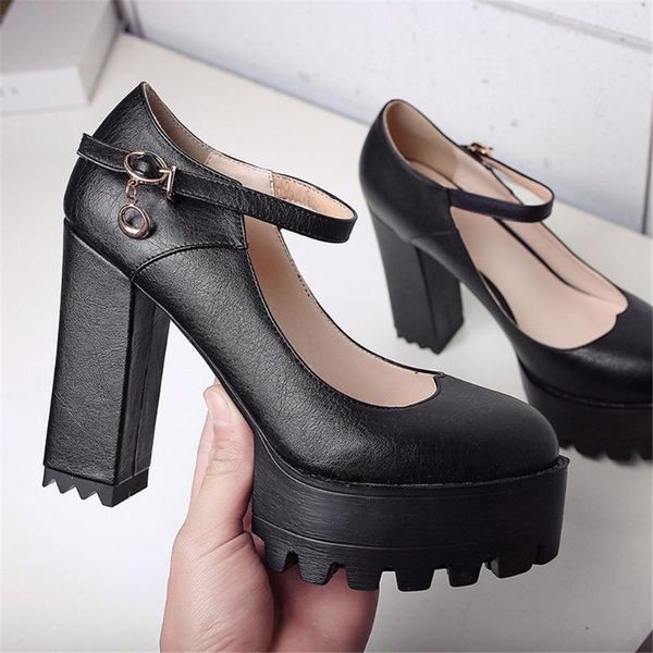 

big size 33-40 female office block heel pumps platfrom buckle high heels women spring dress shoes woman, Black
