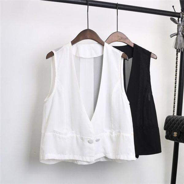 

women's vests 2021 big size vintage thin waistcoat casual women short chiffon vest fashion slim lady sleeveless coats jackets outwear w, Black;white