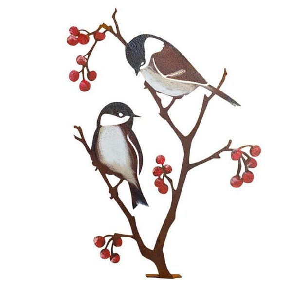 

garden decorations metal hand painted chickadees and berries art black-capped chickadee sparrow ornaments