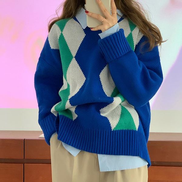 

women's sweaters vintage knitted sweater women stylish geometric rhombic pullover female fashion lady outwear england knitwear, White;black