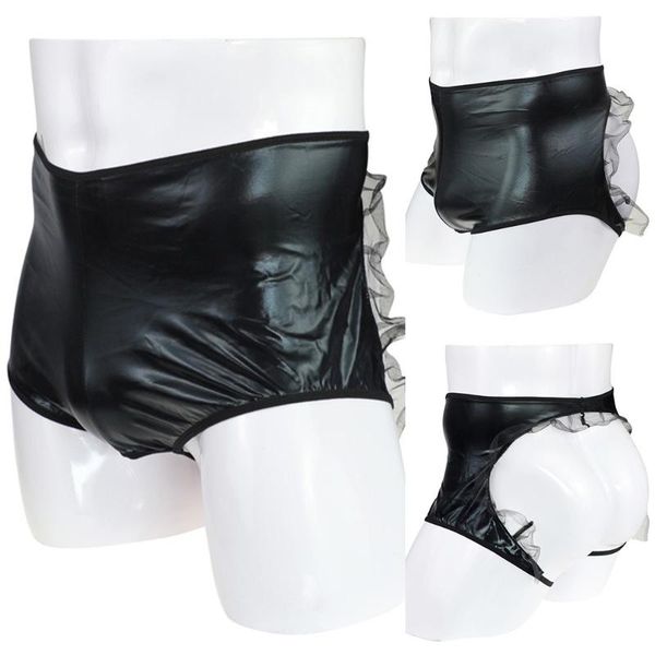 

underpants men faux leather boxer briefs buttocks hollow exposed hips fine mesh ruffled underwear open bupanties lingerie, Black;white