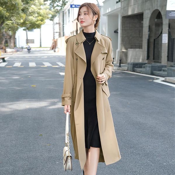 

women's wool & blends double breasted coat 2021 autumn waist slim and long style knee to ankle windbreaker, Black
