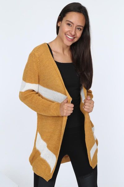 

women's wool & blends 2021 cardigan casual wear mustard and white knitwear collection, Black