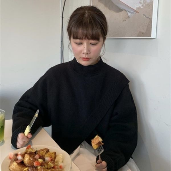 

women's sweaters 2021 autumn korean style simple half-neck irregular criss-cross short sleeve long sweater, White;black