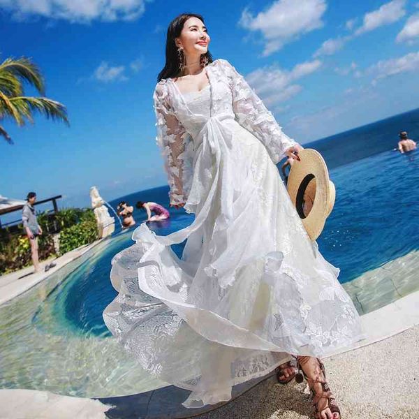 

yosimi long women dress summer evening party night maxi lace two pieces embroidery full sleeve v-neck elegant dresses 210604, Black;gray