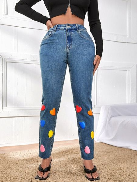 

heart print raw cut mom jeans o8o1#, Blue