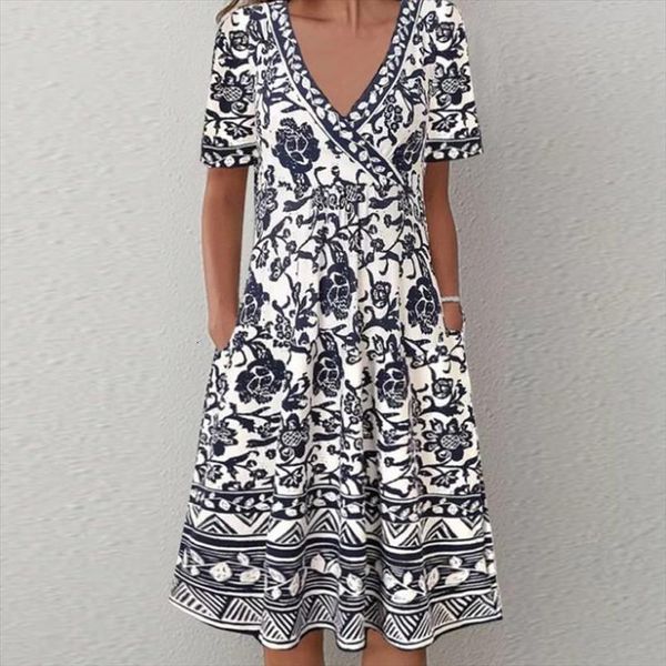

ethnic floral print vintage womens dresses party v neck short sleeves spring summer pocket pleated a line 5xl, Black;gray