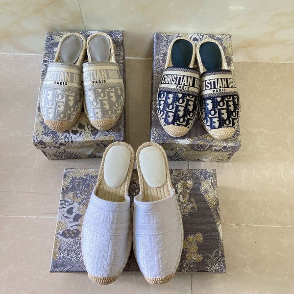 

2020 new laohua letter embroidered fisherman's shoes one foot lazy flat bottomed straw woven baotou half slippers zly zly, Black