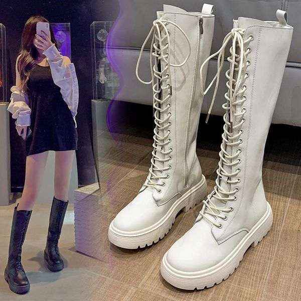 

boots lace up flat platform female shoes thigh high heels round toe boots-women clogs ladies med over-the-knee ru, Black