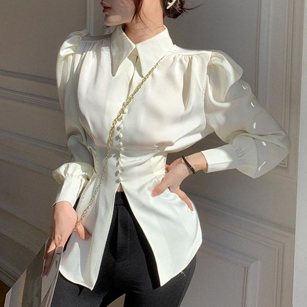 

women's blouses turn down collar office shirt elegant puff lace-up split-breasted solid blouse, White