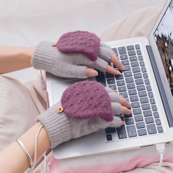 

five fingers gloves 2021 winter heated female half finger usb heating women warm cotton kintted hand warmer keep mittens, Blue;gray