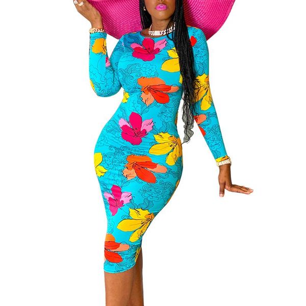 

bodycon fall spring dress 2021 slim party beach floral print midi knee length pencil o-neck long sleeve autumn casual dresses, Black;gray