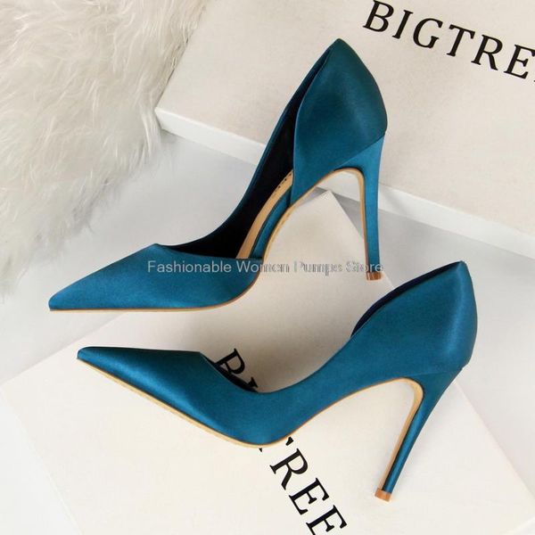

dress shoes bigtree women's pumps silk shallow pointed toe side hollow nightclub slim high heels 9.5cm silettos ladies party, Black