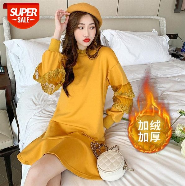 

korean style plus velvet sweater skirt round neck loose lace stitching ruffled long-sleeved dress #fm0q, Black;gray