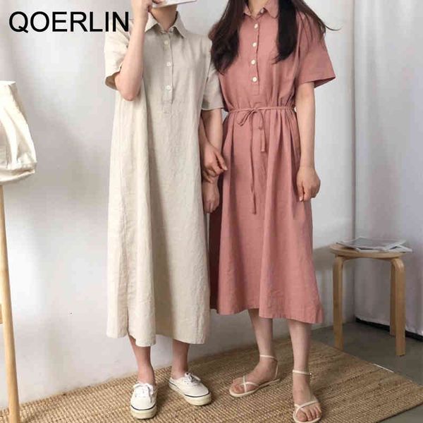 

dresses women vintage cotton linen polo solid color robes summer short sleeve female loose sashes shirts es s-xl, Black;gray