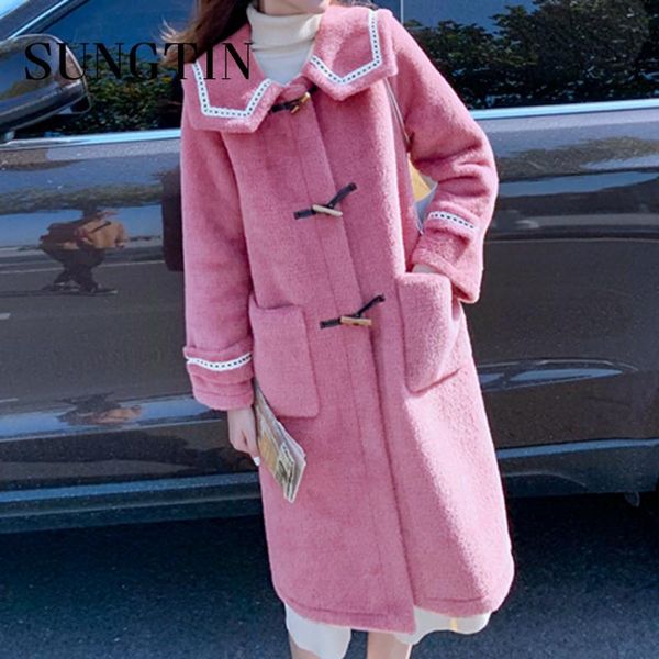 

women's wool & blends sungtin winter thicken long coat women horn button lapel korean loose jackets female fashion sweet elegant overco, Black