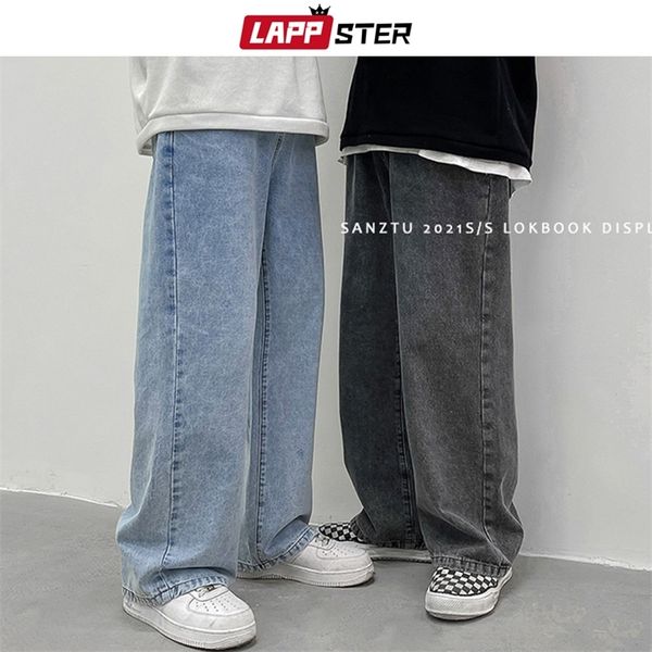 

lappster men korean streetwear wide legs baggy jeans 2021 mens autumn harajuku vintage blue denim pants male casual cargo pants 220217