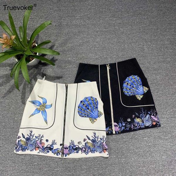 

truevoker european summer runway fashion resort skirt women's high end print crystal zipper pencil 210602, Black