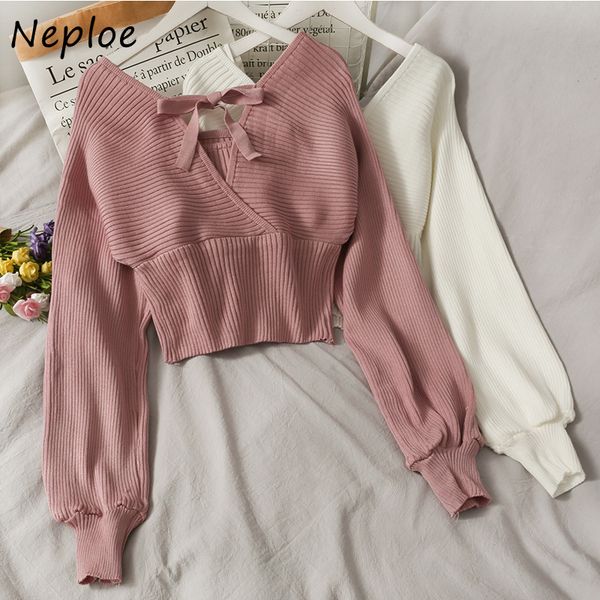 Neploe scollo a V Cross Bow Design Sexy Open Back Maglione Pullover Manica lunga Slim Fit Knit Pull Femme Spring Outwear Solid Sueter 210423