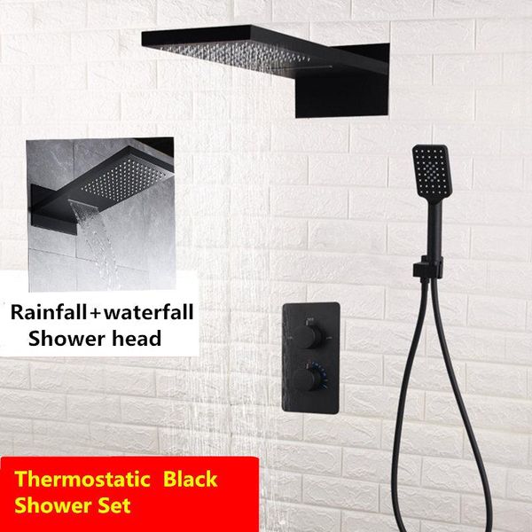 

luxury matte black thermostatic shower head set rainfall waterfall mixer tap bath faucet bathroom sets