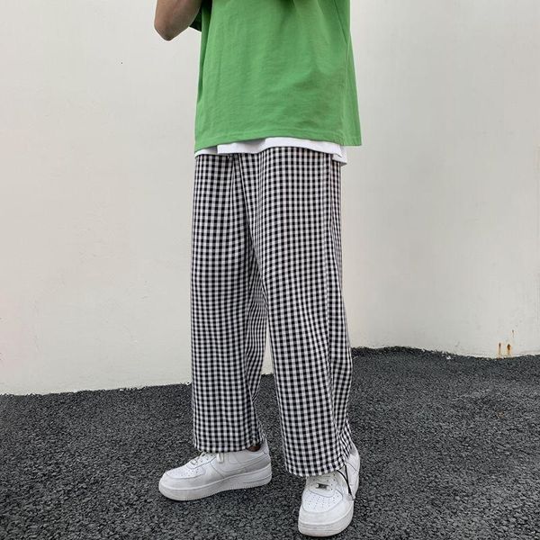

spring summer plaid casual pants men korean loose drawstring straight-leg harajuku streetwear wide-leg m-2xl men's, Black