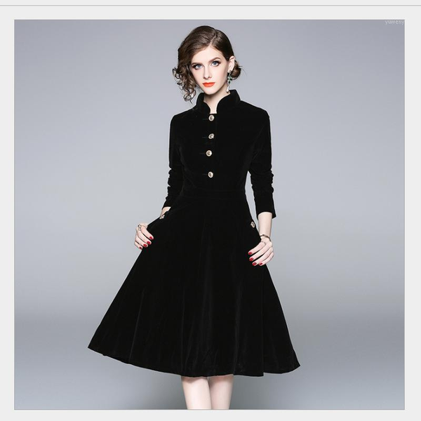 

casual dresses black stand-up collar gold velvet dress women autumn and winter wear mid-length temperament fashion button, Black;gray