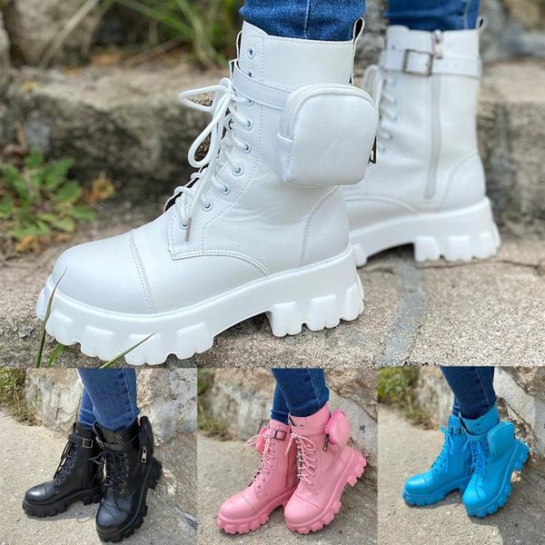 

boots leather ankle women's shoes british style retro mid-boot pocket motorcycle warm platform heel footwear, Black