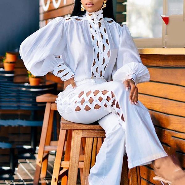 

women's two piece pants 2021 european american lace shirt white long temperament commuter lantern sleeve solid color hollow retro two-p