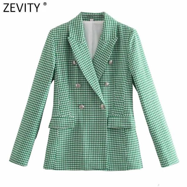 

zevity women vintage green pink houndstooth plaid print blazer coat office ladies double breasted outerwear chic slim ct726 211122, White;black