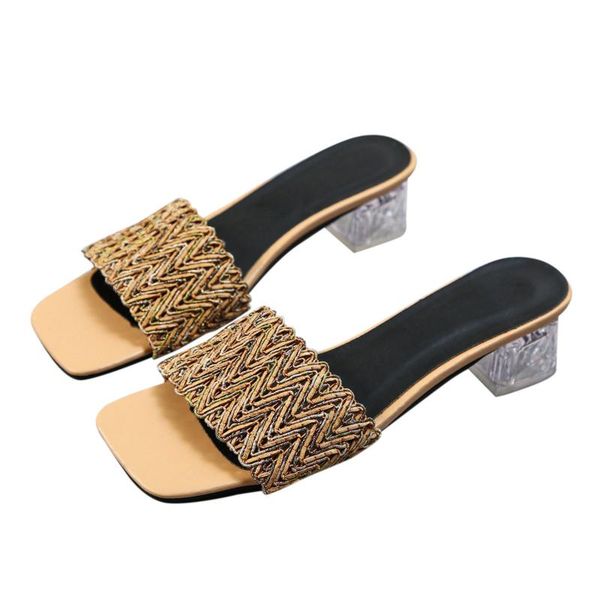 

slippers summer women's sequin large size one-piece middle heel sandals, Black