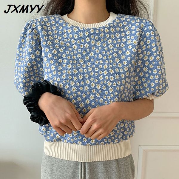 

chic spring and autumn western style round neck pullover loose puff sleeve full screen small daisy knitted wool women jxmyy 210412, White;black