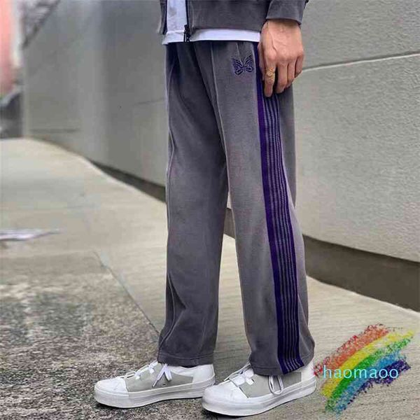 

men's pants new needles sweatpants men women butterfly embroidery joggers striped velvet jfpp, Black