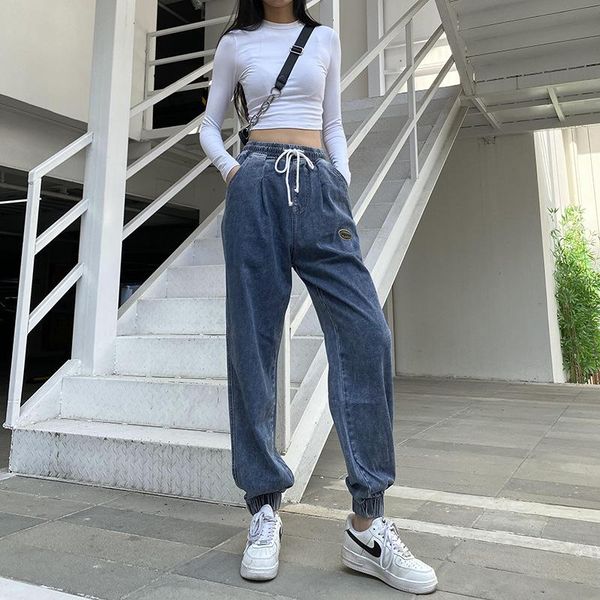 

women 2021 casual fashion high waist trousers jeans pants vintage drawstring pockets female ankle pantalones women's, Blue