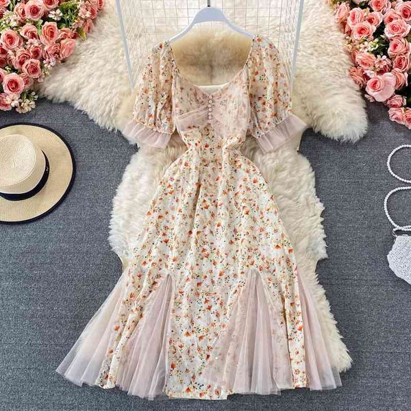 

women french elegant dress summer vintage square collar chiffon short sleeve embroidered mesh floral long robe 210602, Black;gray
